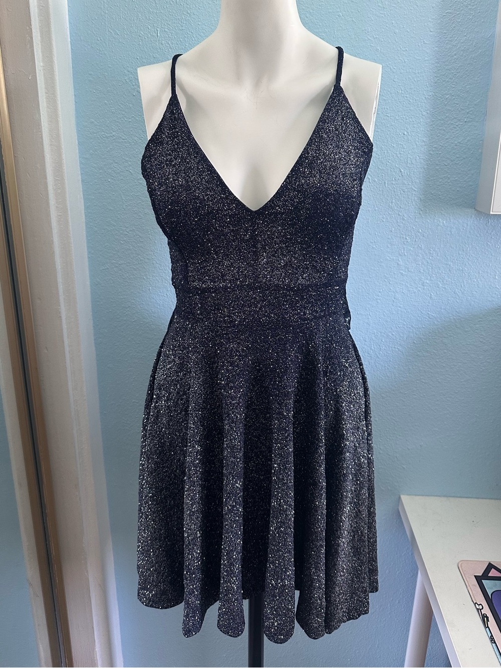 Spaghetti Strap Glitter Fit-and-Flare Dress in Navy Blue